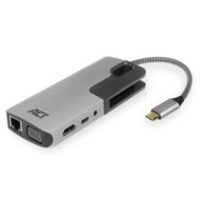 ACT AC7043 USB-C naar HDMI of VGA multiport adapter met ethernet, USB hub, cardreader, audio en PD pass through